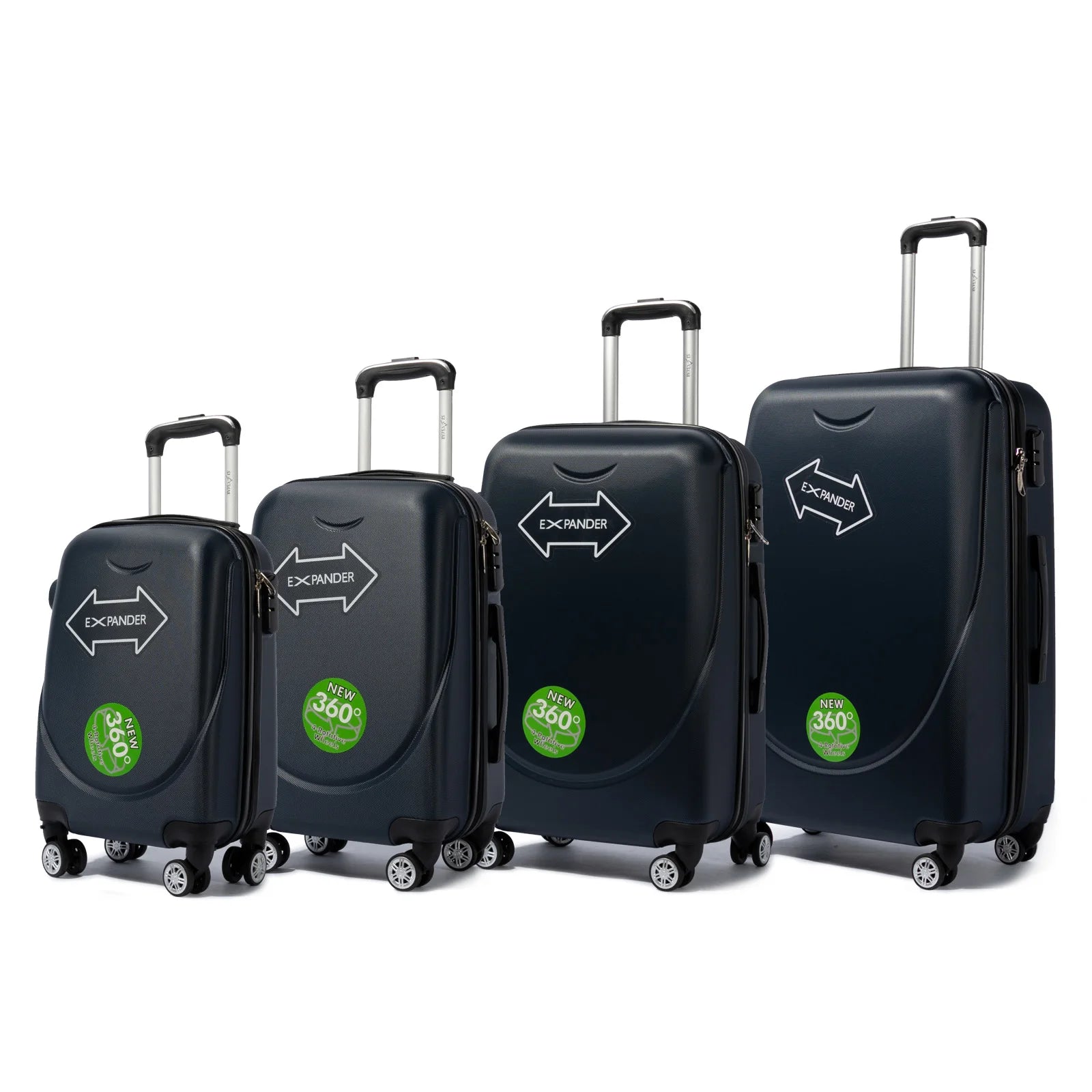 S7 STAR ABS luggage set with 4 pieces of suitcases in sizes 18/20/24/28 inches featuring 360° silent wheels, durable ABS material, and organized interior compartments for business and travel.