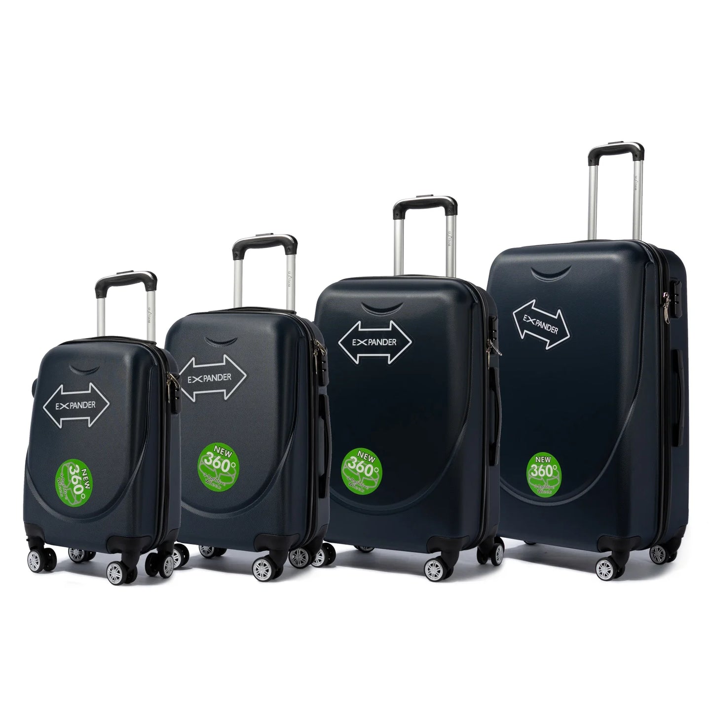 S7 STAR ABS luggage set with 4 pieces of suitcases in sizes 18/20/24/28 inches featuring 360° silent wheels, durable ABS material, and organized interior compartments for business and travel.