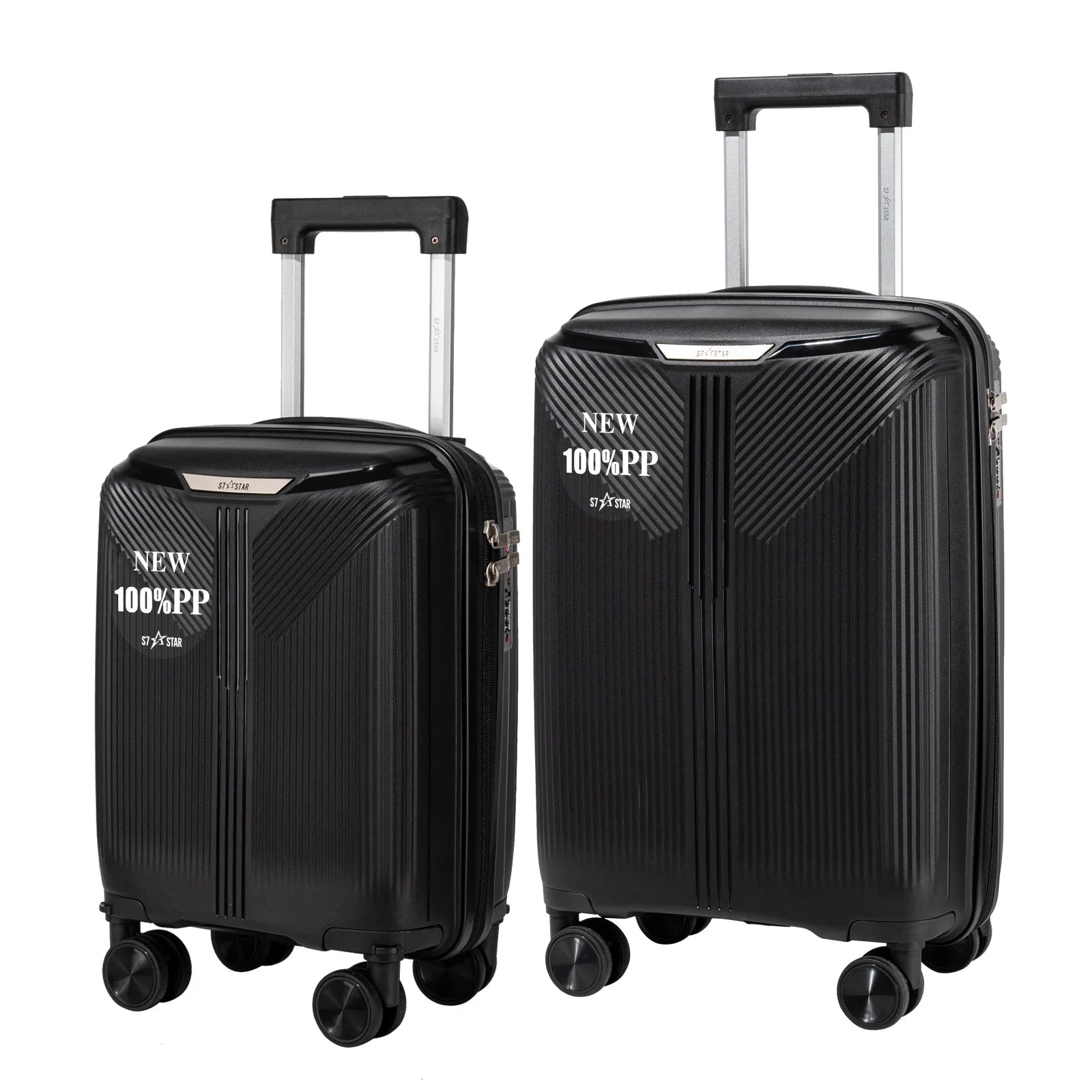 S7 STAR 2-piece suitcase set with lightweight polypropylene, featuring silent spinner wheels, 3-height lockable handle, combination locks, and a toiletry bag, ideal for travel and available in large, medium, and cabin sizes.