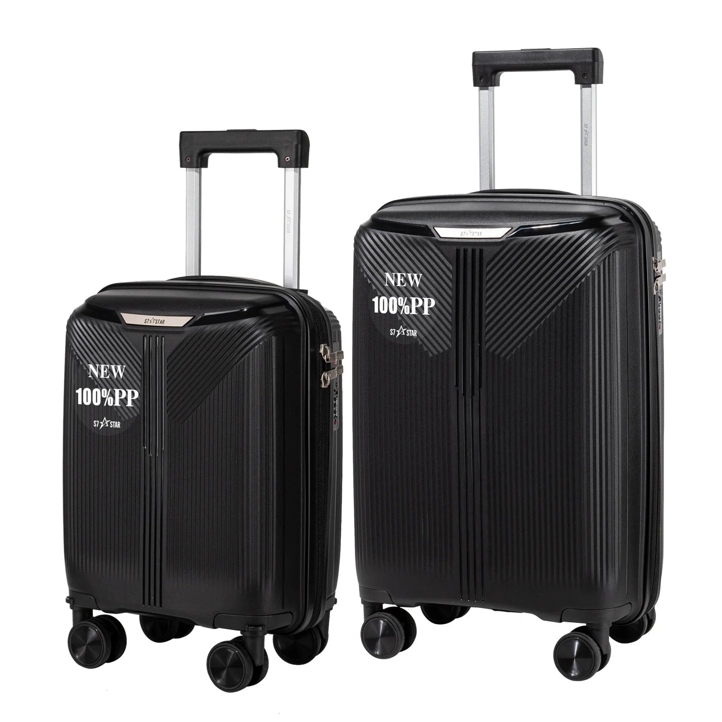S7 STAR 2-piece suitcase set with lightweight polypropylene, featuring silent spinner wheels, 3-height lockable handle, combination locks, and a toiletry bag, ideal for travel and available in large, medium, and cabin sizes.