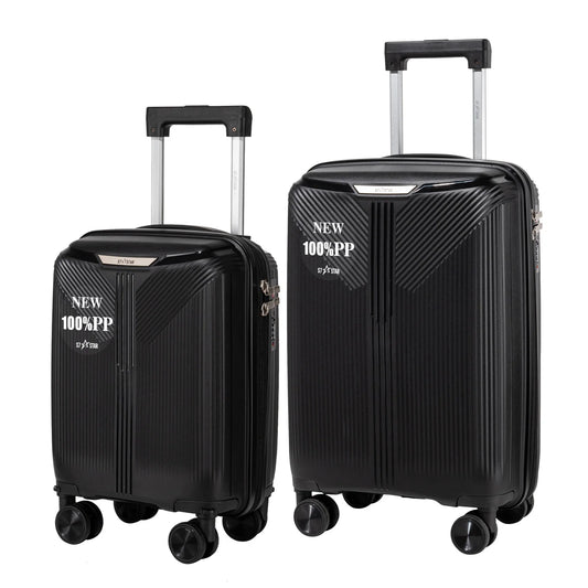 S7 STAR 2-piece suitcase set with lightweight polypropylene, featuring silent spinner wheels, 3-height lockable handle, combination locks, and a toiletry bag, ideal for travel and available in large, medium, and cabin sizes.