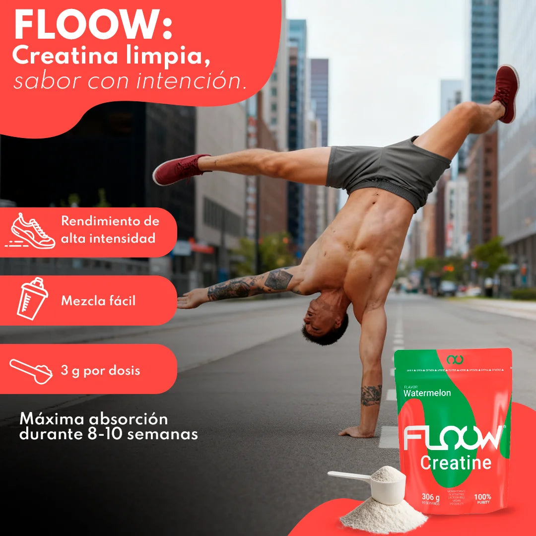 Floow - creatine monohydrate watermelon flavor - 306g (90 servings) - pure creatine powder without sugar or maltodextrin - micronized creatine 200 mesh - sports supplement for muscle mass