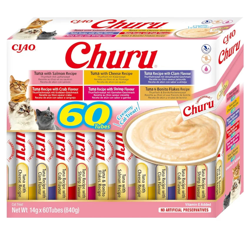 Inaba Churu Box - Cat Treats - Healthy Tuna-Based Snacks, Various Flavors - Creamy Texture - No Grains, Preservatives, Dyes - 60x14g
