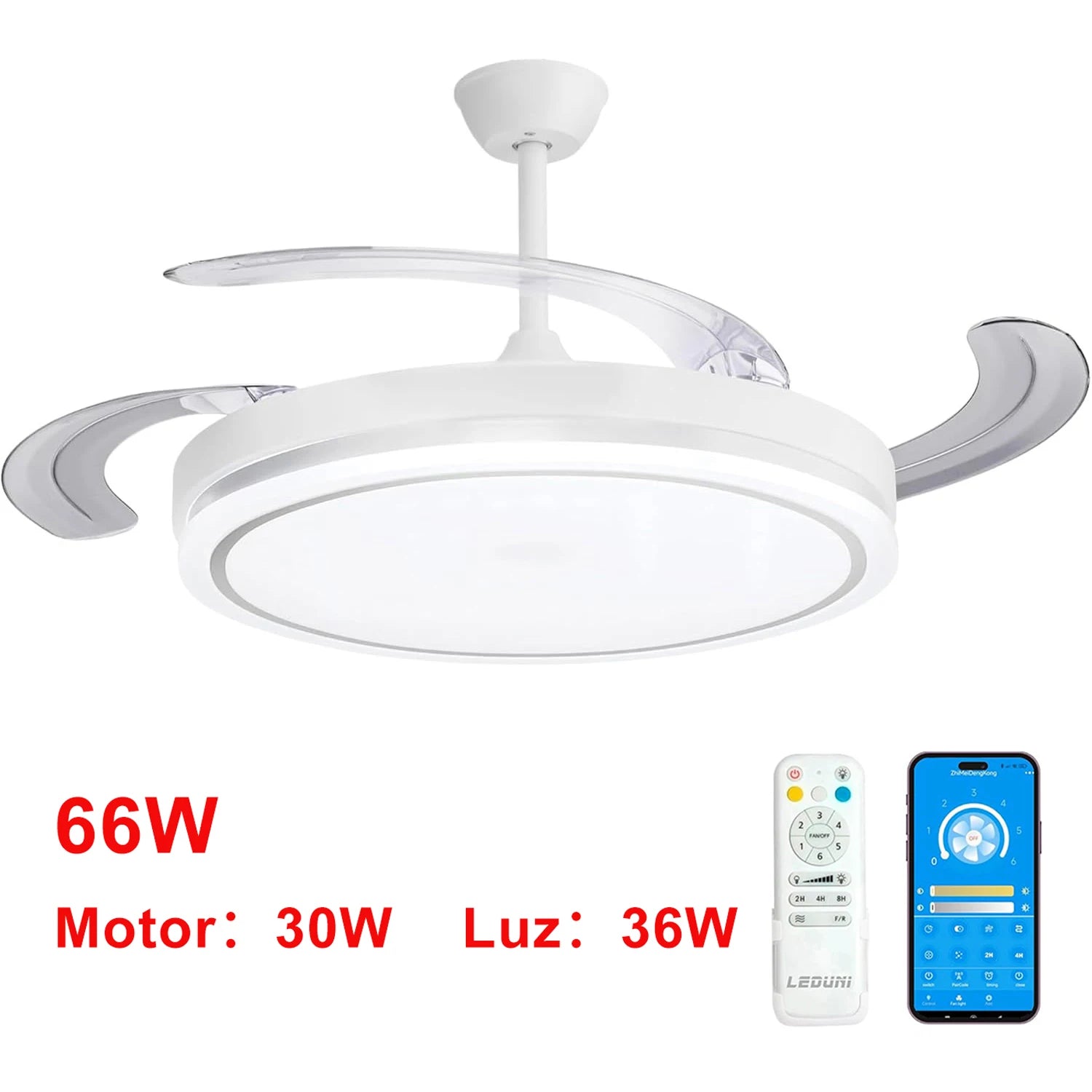OstarkDom Ceiling Fan with Light 132cm, remote control, silent DC motor with 6 speeds, CCT dimmable LED light, timer function, modern aluminum and wood design, ideal for living rooms and bedrooms.