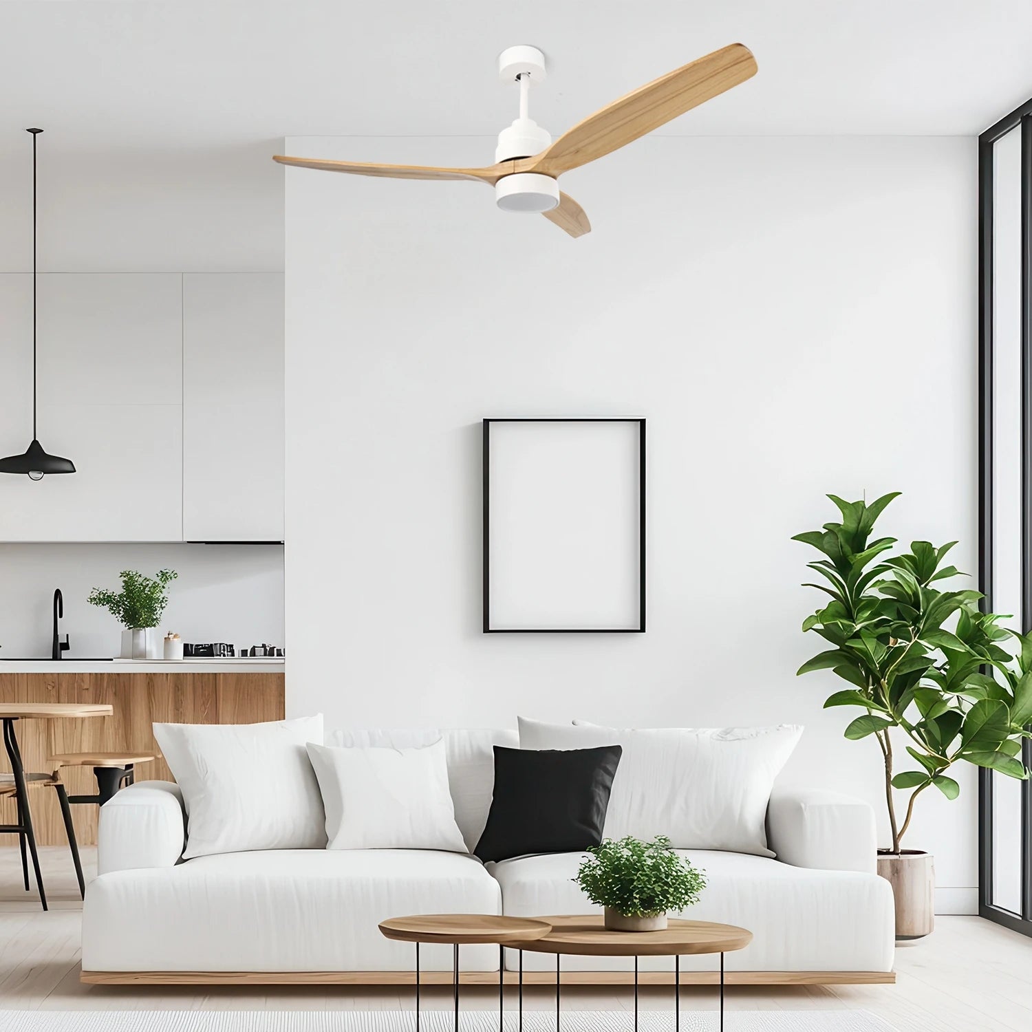 OstarkDom Ceiling Fan with Light 132cm, remote control, silent DC motor with 6 speeds, CCT dimmable LED light, timer function, modern aluminum and wood design, ideal for living rooms and bedrooms.