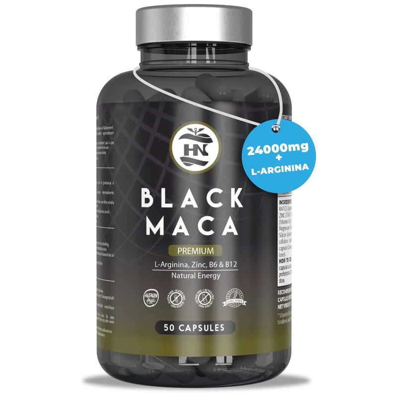 Hn - healthy nutrition black andina peruvian maca with l arginine - high concentration - vitamins b6 and b12 help reduce tiredness and fatigue - maca for men and women (50 caps)