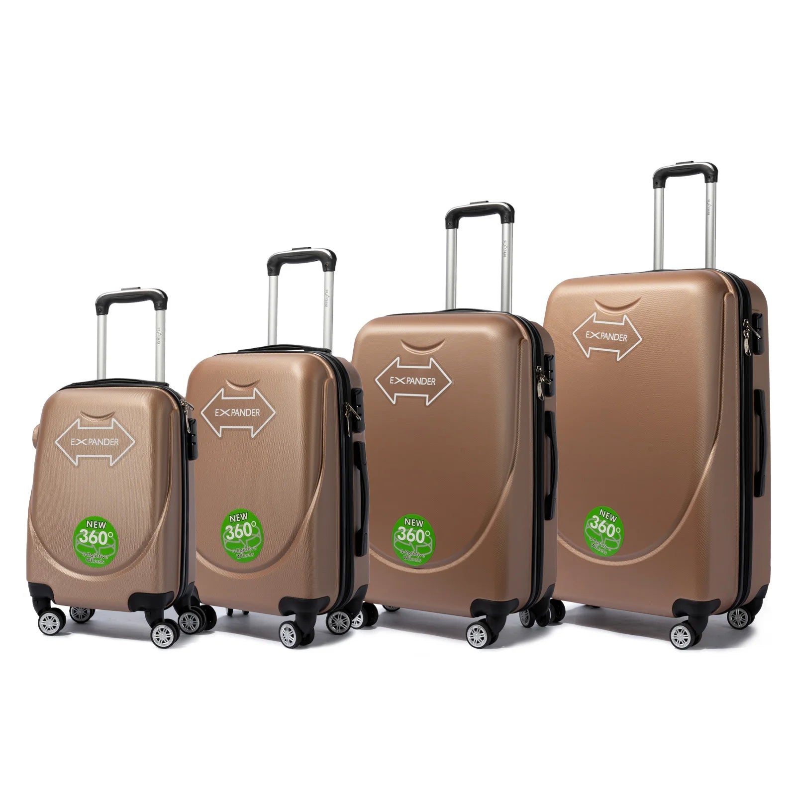 S7 STAR ABS luggage set with 4 pieces of suitcases in sizes 18/20/24/28 inches featuring 360° silent wheels, durable ABS material, and organized interior compartments for business and travel.