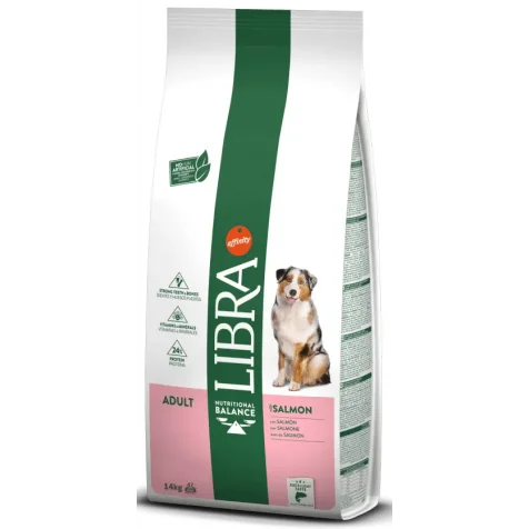 Libra Adult Dog Food with Salmon 14 Kg, balanced nutrition rich in protein and fiber for optimal digestion, healthy skin and coat, and strong bones, ideal for dogs up to 70 kg, grain-free, with no artificial preservatives.