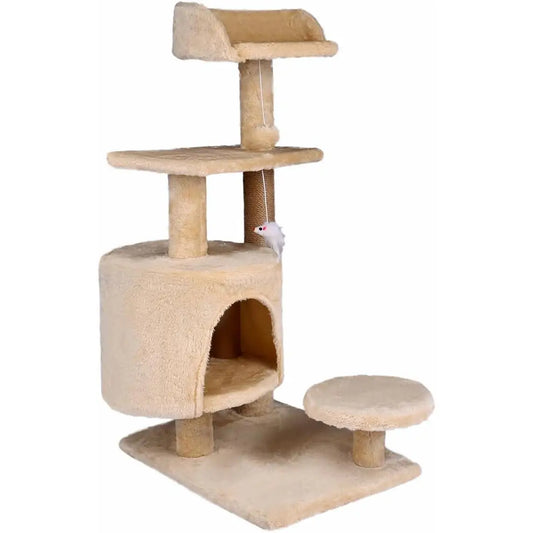 Introducing the T-Lovendo Cat Scratching Tree in dark gray, a sturdy 3-level tower designed for cats up to 10 kg, featuring a cozy hideaway, sisal surfaces for nail sharpening, and easy assembly for hours of play and relaxati