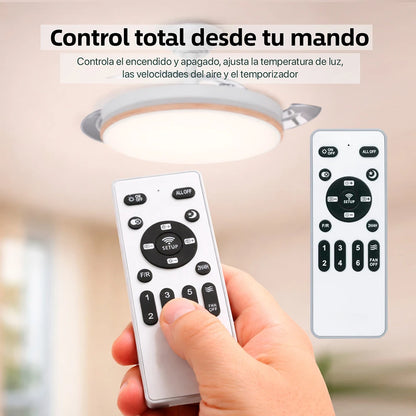 OstarkDom Ceiling Fan with Light 132cm, remote control, silent DC motor with 6 speeds, CCT dimmable LED light, timer function, modern aluminum and wood design, ideal for living rooms and bedrooms.
