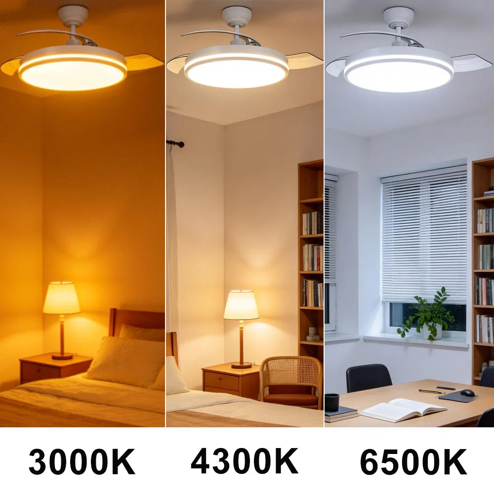 OstarkDom Ceiling Fan with Light 132cm, remote control, silent DC motor with 6 speeds, CCT dimmable LED light, timer function, modern aluminum and wood design, ideal for living rooms and bedrooms.