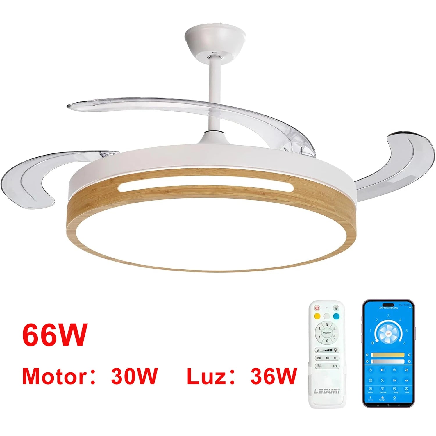 OstarkDom Ceiling Fan with Light 132cm, remote control, silent DC motor with 6 speeds, CCT dimmable LED light, timer function, modern aluminum and wood design, ideal for living rooms and bedrooms.