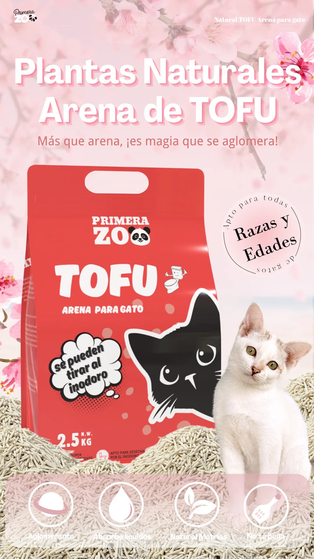 Primerazoo Natural Tofu Cat Litter, Super Odor Control, Flushable and Dust-Free, 100% Biodegradable, for Indoor Use, Red Color with Milk Scent.