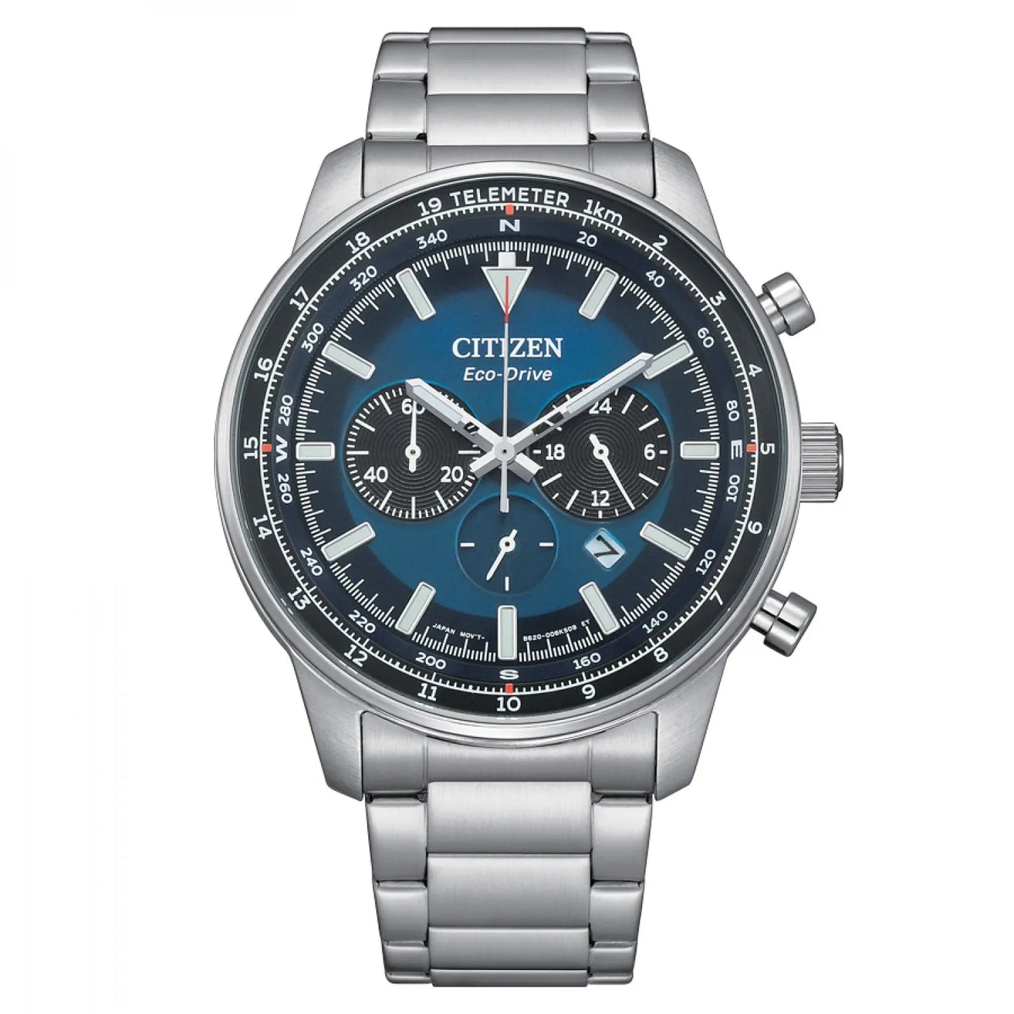 Citizen CA4500-91L Aviation Men's Watch, stainless steel, blue dial, Eco-Drive movement with 9-month power reserve, 44mm, chronograph, date display, 10 ATM water resistance, ideal for sports and luxury occasions.