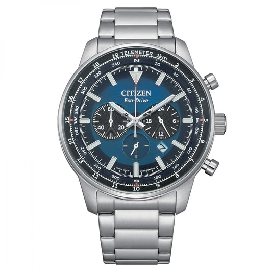 Citizen CA4500-91L Aviation Men's Watch, stainless steel, blue dial, Eco-Drive movement with 9-month power reserve, 44mm, chronograph, date display, 10 ATM water resistance, ideal for sports and luxury occasions.