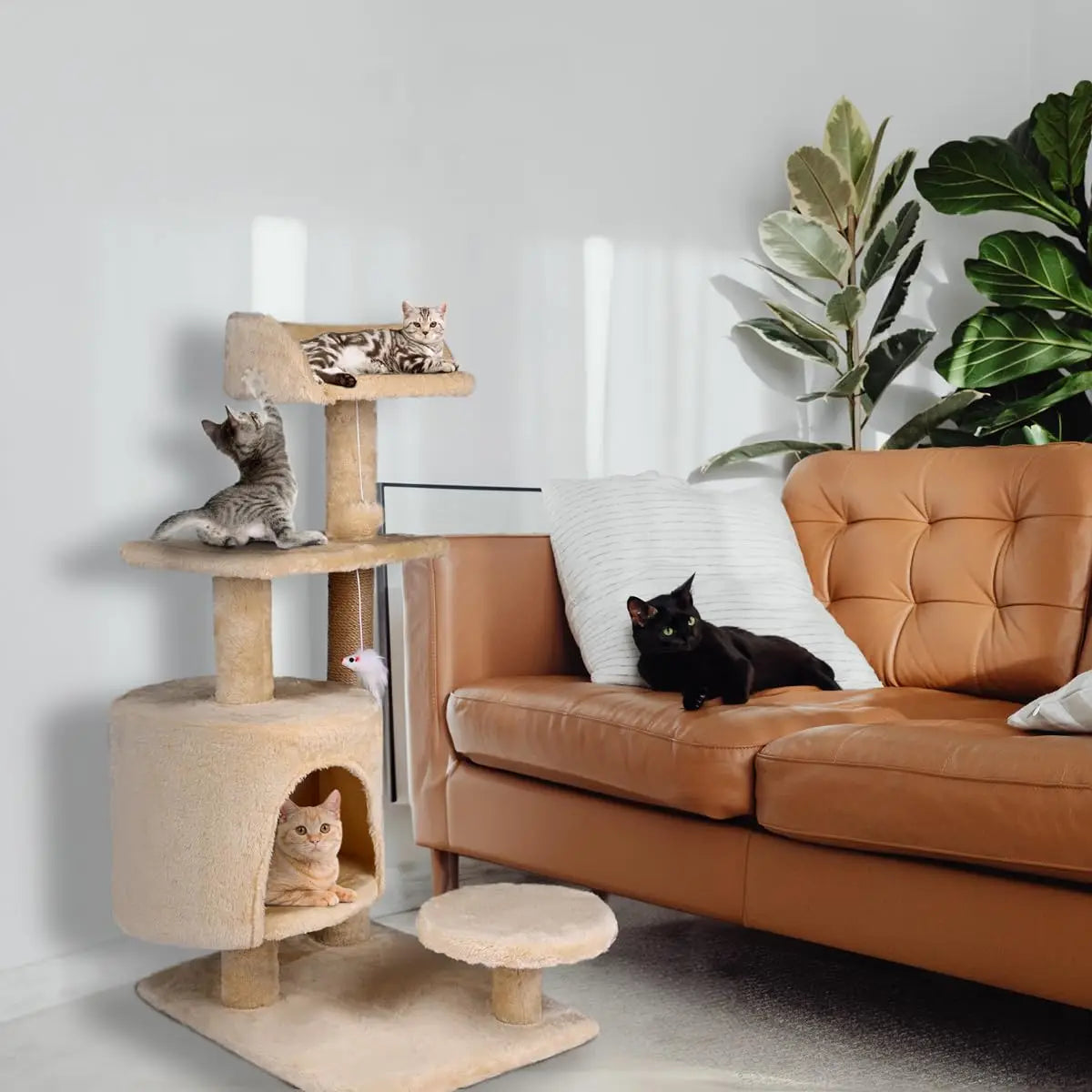 Introducing the T-Lovendo Cat Scratching Tree in dark gray, a sturdy 3-level tower designed for cats up to 10 kg, featuring a cozy hideaway, sisal surfaces for nail sharpening, and easy assembly for hours of play and relaxati