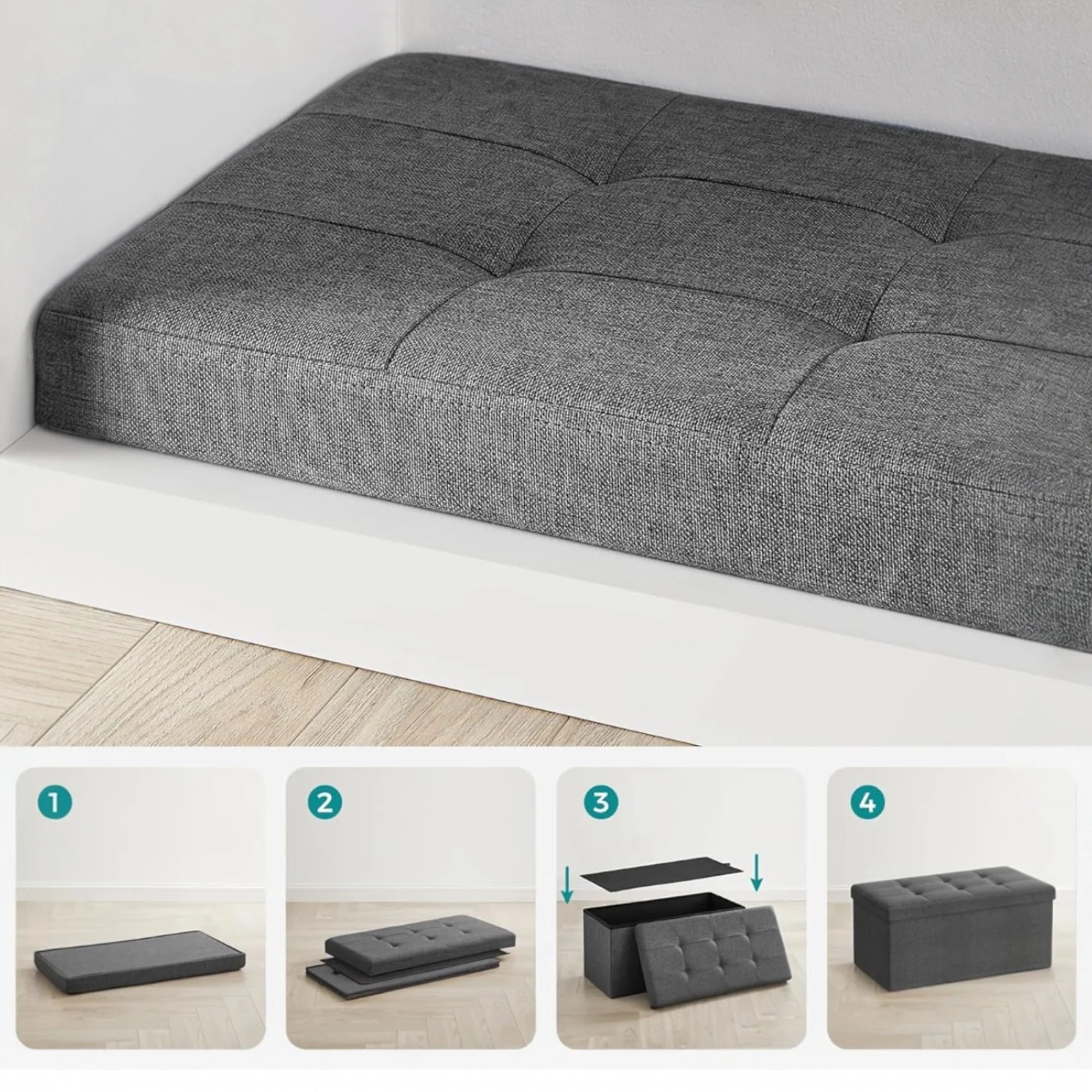 Elegant Linen Puff Storage Ottoman - Durable Footrest Stool for Living Room, Bedroom, or Entryway, Supports up to 300 kg with 89L Storage Space, Foldable and Easy to Assemble, Versatile Cube Bench for Multiple Uses