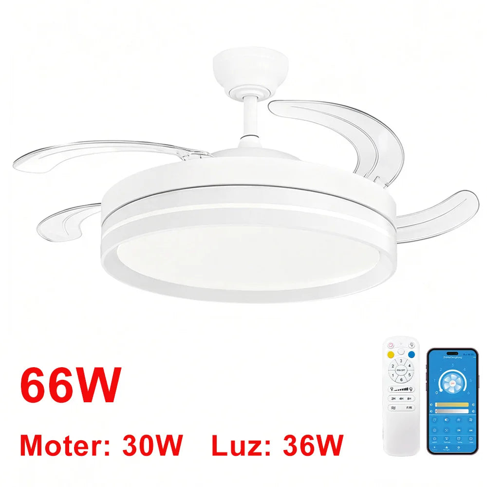 OstarkDom Ceiling Fan with Light 132cm, remote control, silent DC motor with 6 speeds, CCT dimmable LED light, timer function, modern aluminum and wood design, ideal for living rooms and bedrooms.