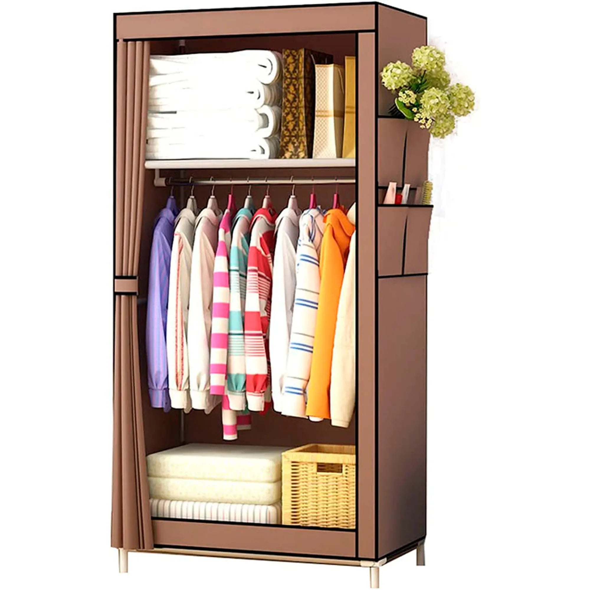 Nyana Fabric Wardrobe with Side Pockets 160x70x45cm - High Capacity Non-Woven Storage Cabinet for Clothes and Shoes, Easy Assembly, Durable Steel Tubes and Plastic Connectors, Perfect for Bedroom or Dressing Room.