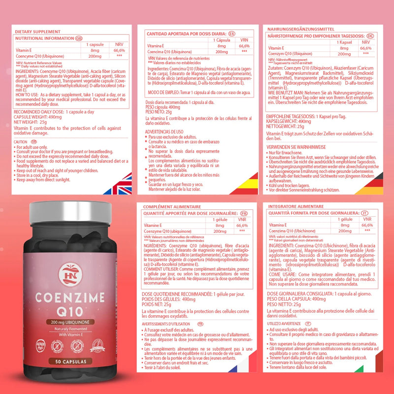 Hn - healthy nutrition coenzyme q10 200mg - (50 caps) improves energy and energy metabolism, q10 coenzyme ubiquinone supports muscle function and increases physical performance, coq10 with vitamin e contributes to the protect