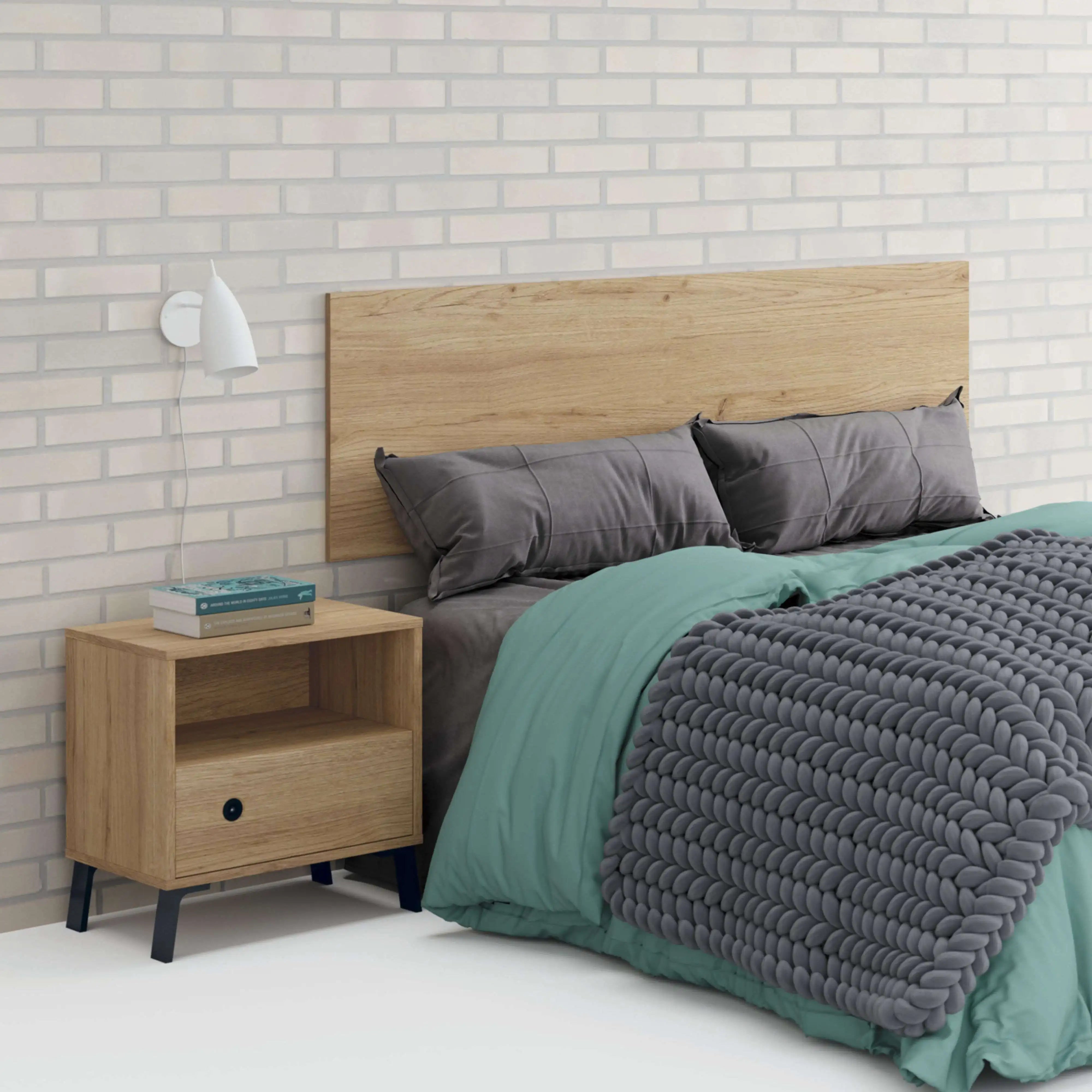 Miroytengo Clim Bed Headboard in Gold Oak Melamine, 160 cm wide, suitable for 135 cm and 150 cm beds, featuring modern industrial design with wall mounting hardware included.