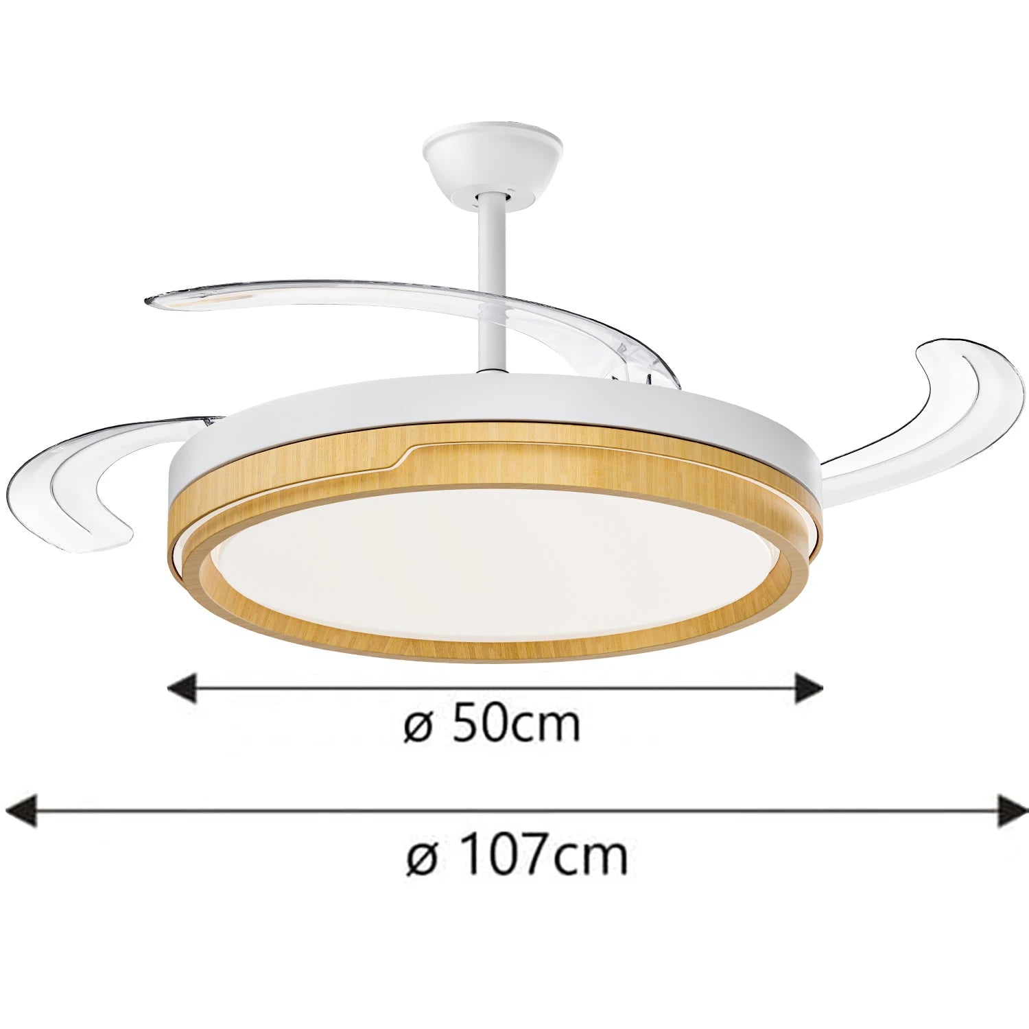OstarkDom Ceiling Fan with Light 132cm, remote control, silent DC motor with 6 speeds, CCT dimmable LED light, timer function, modern aluminum and wood design, ideal for living rooms and bedrooms.