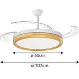OstarkDom Ceiling Fan with Light 132cm, remote control, silent DC motor with 6 speeds, CCT dimmable LED light, timer function, modern aluminum and wood design, ideal for living rooms and bedrooms.