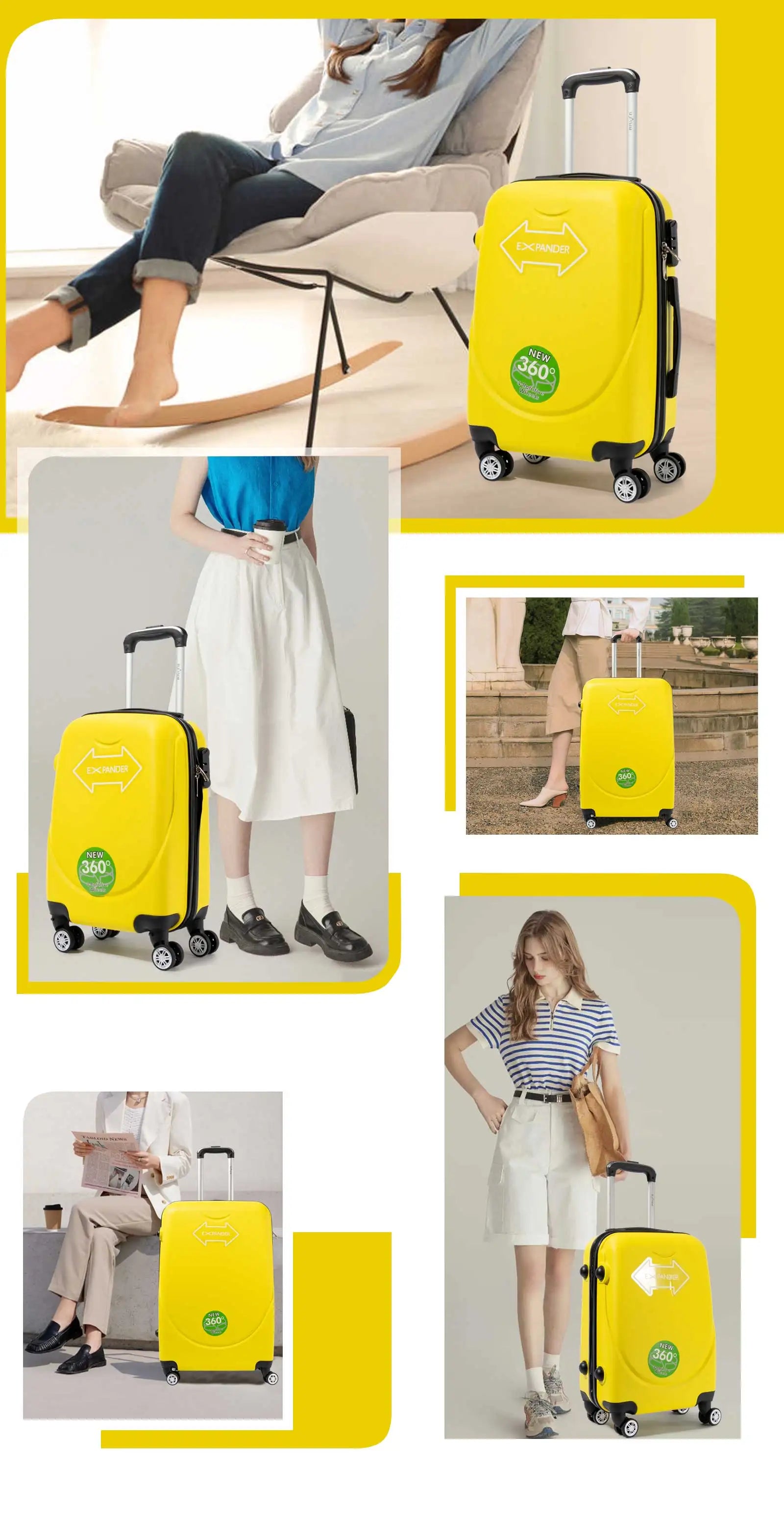 S7 STAR ABS luggage set with 4 pieces of suitcases in sizes 18/20/24/28 inches featuring 360° silent wheels, durable ABS material, and organized interior compartments for business and travel.