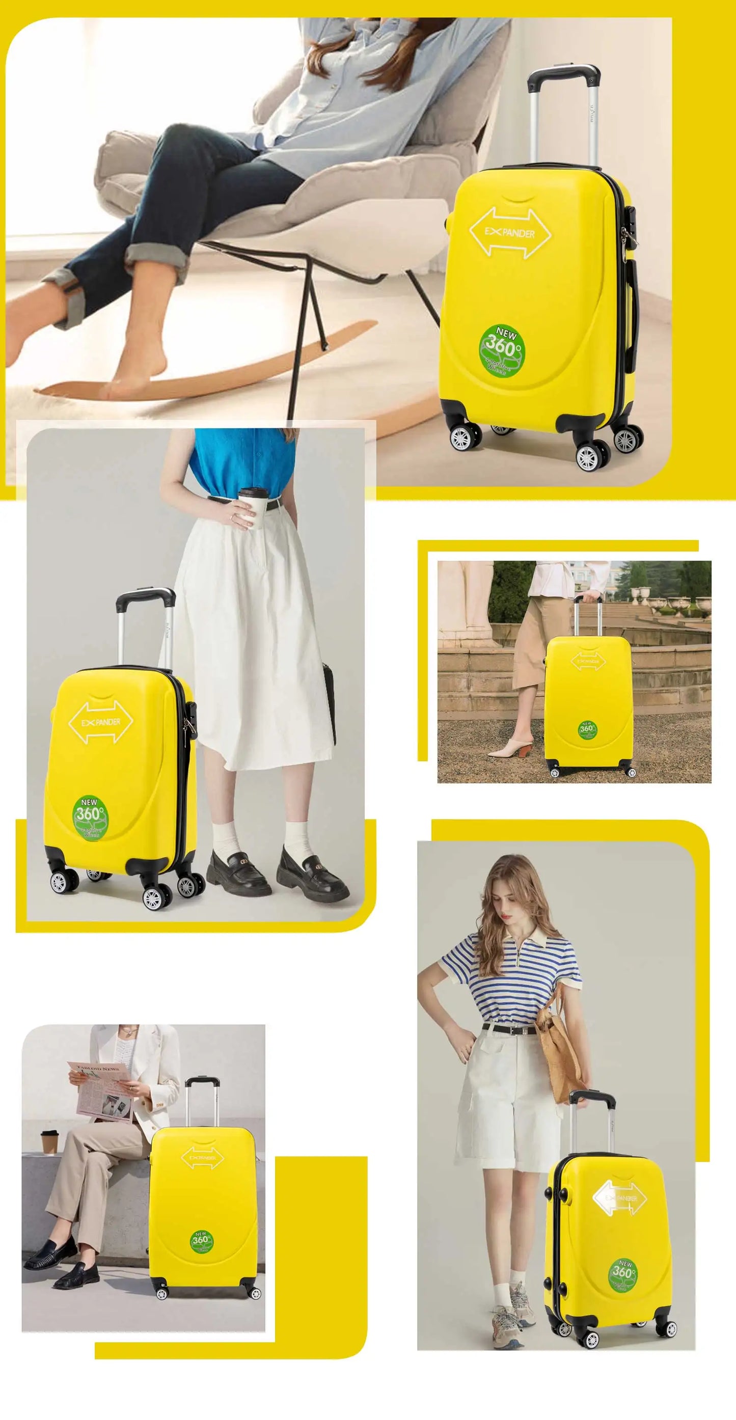 S7 STAR ABS luggage set with 4 pieces of suitcases in sizes 18/20/24/28 inches featuring 360° silent wheels, durable ABS material, and organized interior compartments for business and travel.