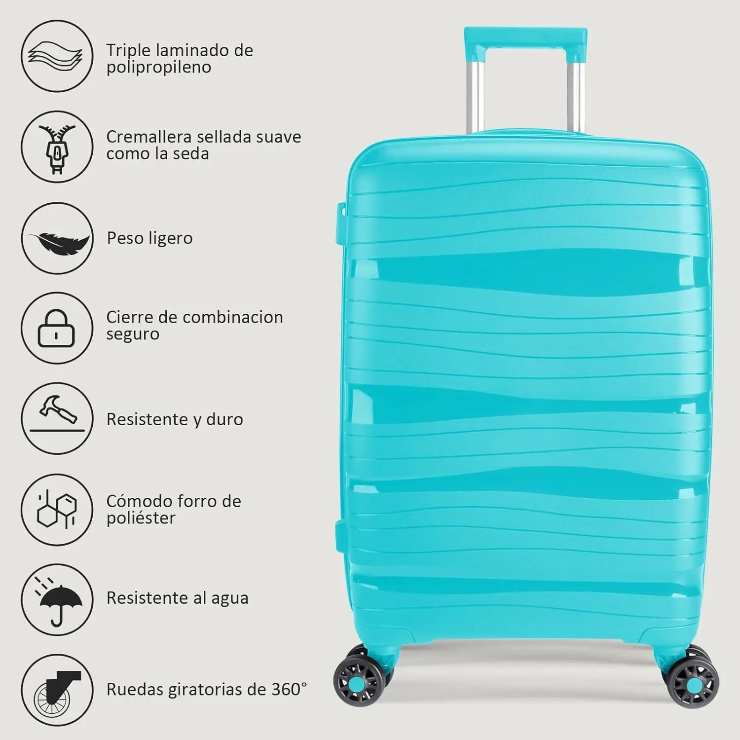 Artree 4-Piece Set of Rigid Travel Suitcases with Security Lock and 360° Double Wheels, featuring durable polypropylene construction, organized interior compartments, and lightweight design, perfect for family trips.