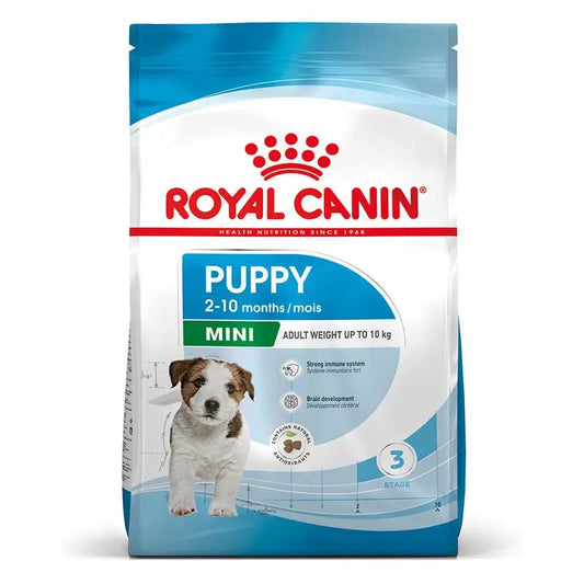 Royal Canin Mini Puppy 8KG dog food for small breed puppies up to 10 kg, with balanced nutrition, high energy for growth, and enriched with vitamins C and E for immune support and digestive health.