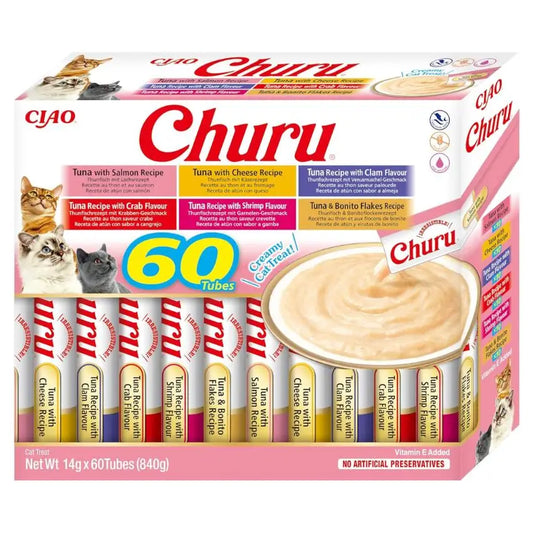 Inaba churu box - treats for cats - healthy tuna-based snacks, various flavors - creamy texture - without cereals, preservatives, colorants - 60x14g