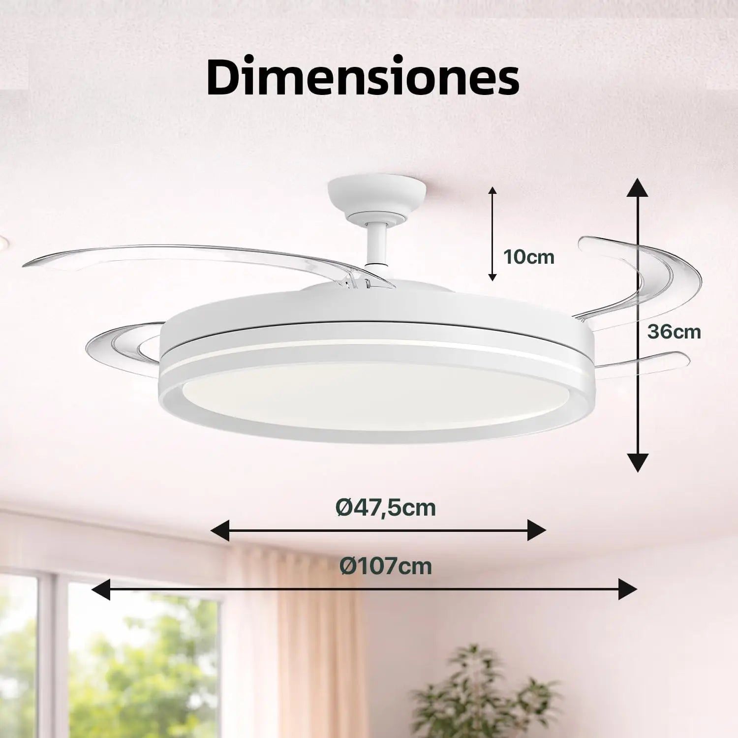 OstarkDom Ceiling Fan with Light 132cm, remote control, silent DC motor with 6 speeds, CCT dimmable LED light, timer function, modern aluminum and wood design, ideal for living rooms and bedrooms.