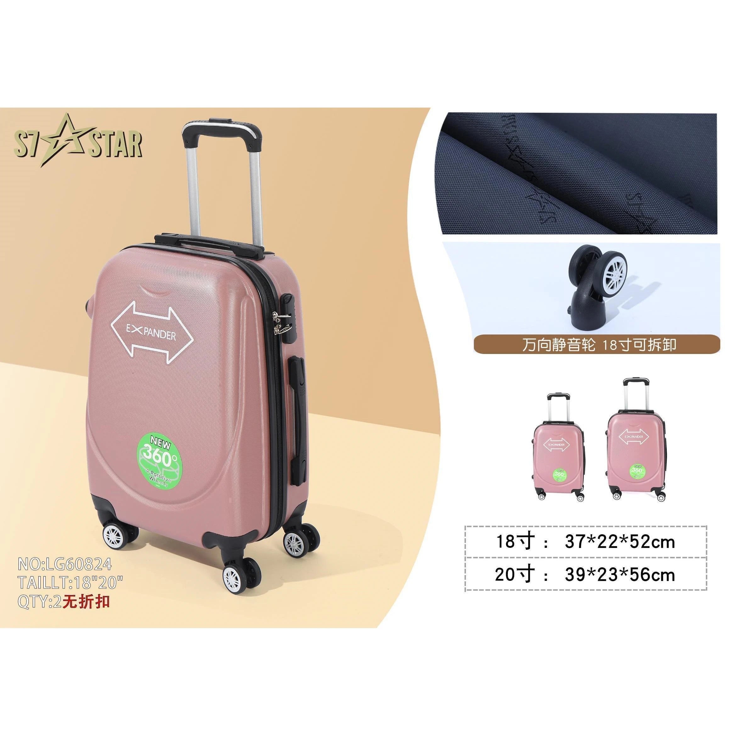 S7 STAR ABS luggage set with 4 pieces of suitcases in sizes 18/20/24/28 inches featuring 360° silent wheels, durable ABS material, and organized interior compartments for business and travel.