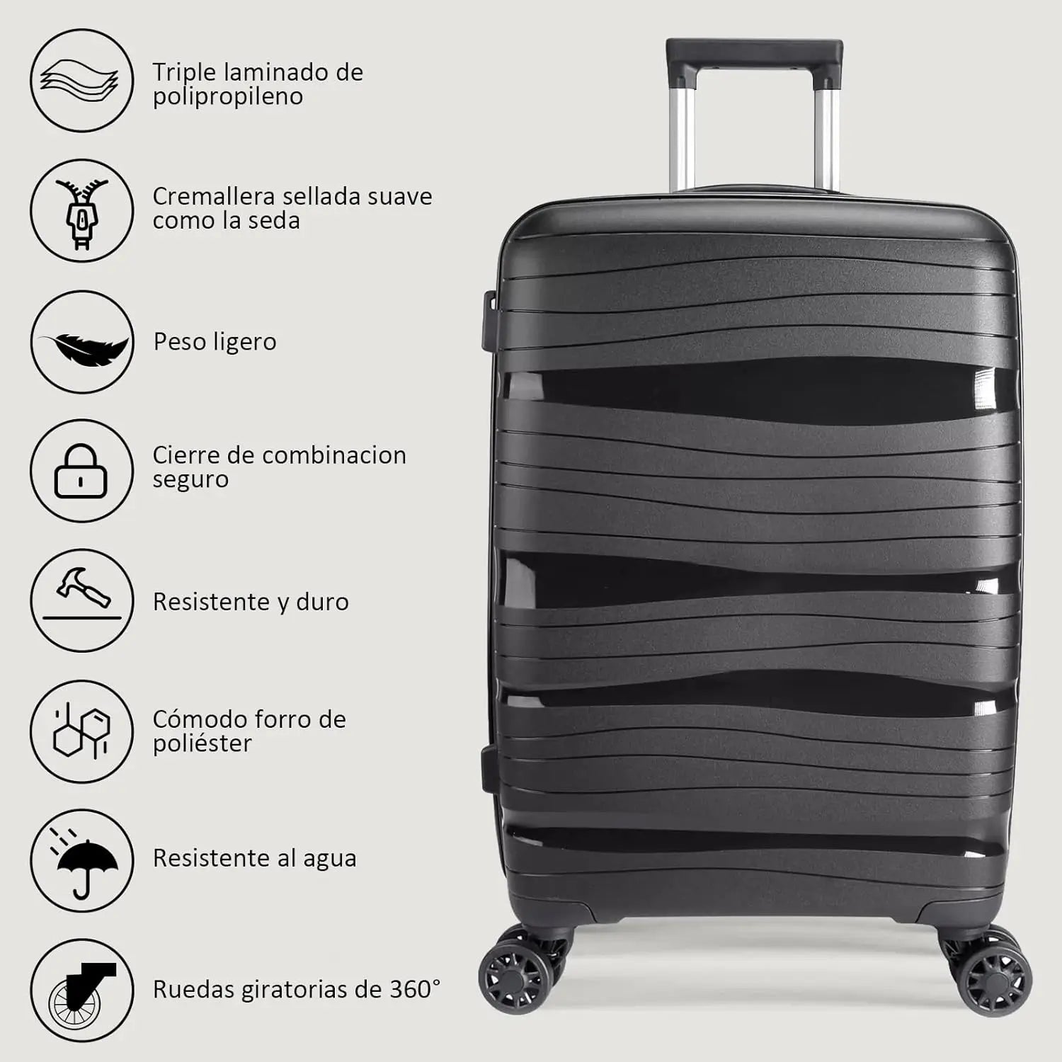Artree 4-Piece Set of Rigid Travel Suitcases with Security Lock and 360° Double Wheels, featuring durable polypropylene construction, organized interior compartments, and lightweight design, perfect for family trips.