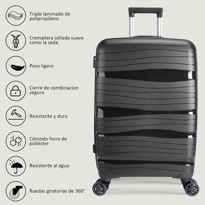 Artree 4-Piece Set of Rigid Travel Suitcases with Security Lock and 360° Double Wheels, featuring durable polypropylene construction, organized interior compartments, and lightweight design, perfect for family trips.