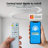 OstarkDom Ceiling Fan with Light 132cm, remote control, silent DC motor with 6 speeds, CCT dimmable LED light, timer function, modern aluminum and wood design, ideal for living rooms and bedrooms.