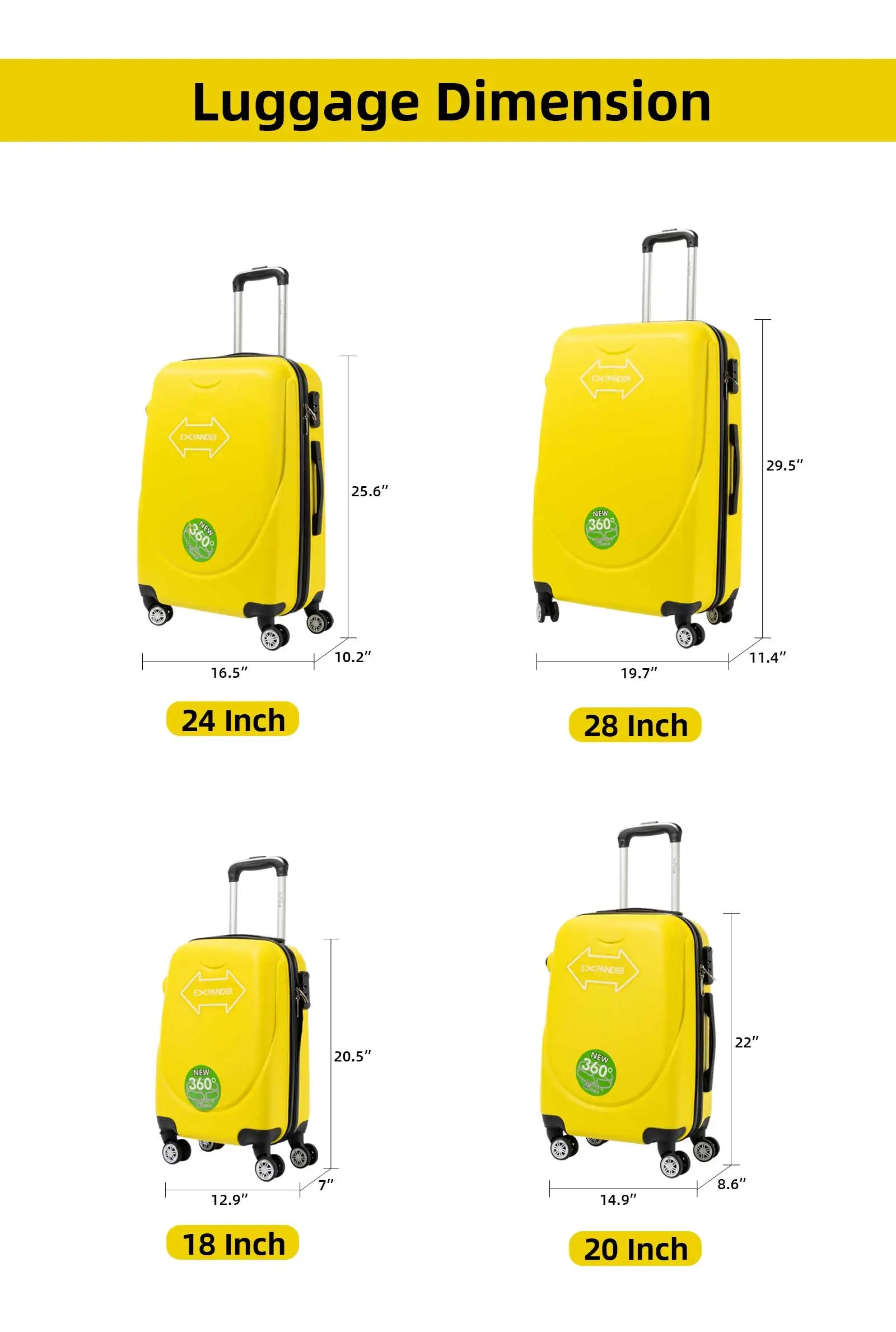 S7 STAR ABS luggage set with 4 pieces of suitcases in sizes 18/20/24/28 inches featuring 360° silent wheels, durable ABS material, and organized interior compartments for business and travel.
