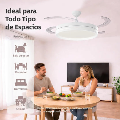 OstarkDom Ceiling Fan with Light 132cm, remote control, silent DC motor with 6 speeds, CCT dimmable LED light, timer function, modern aluminum and wood design, ideal for living rooms and bedrooms.