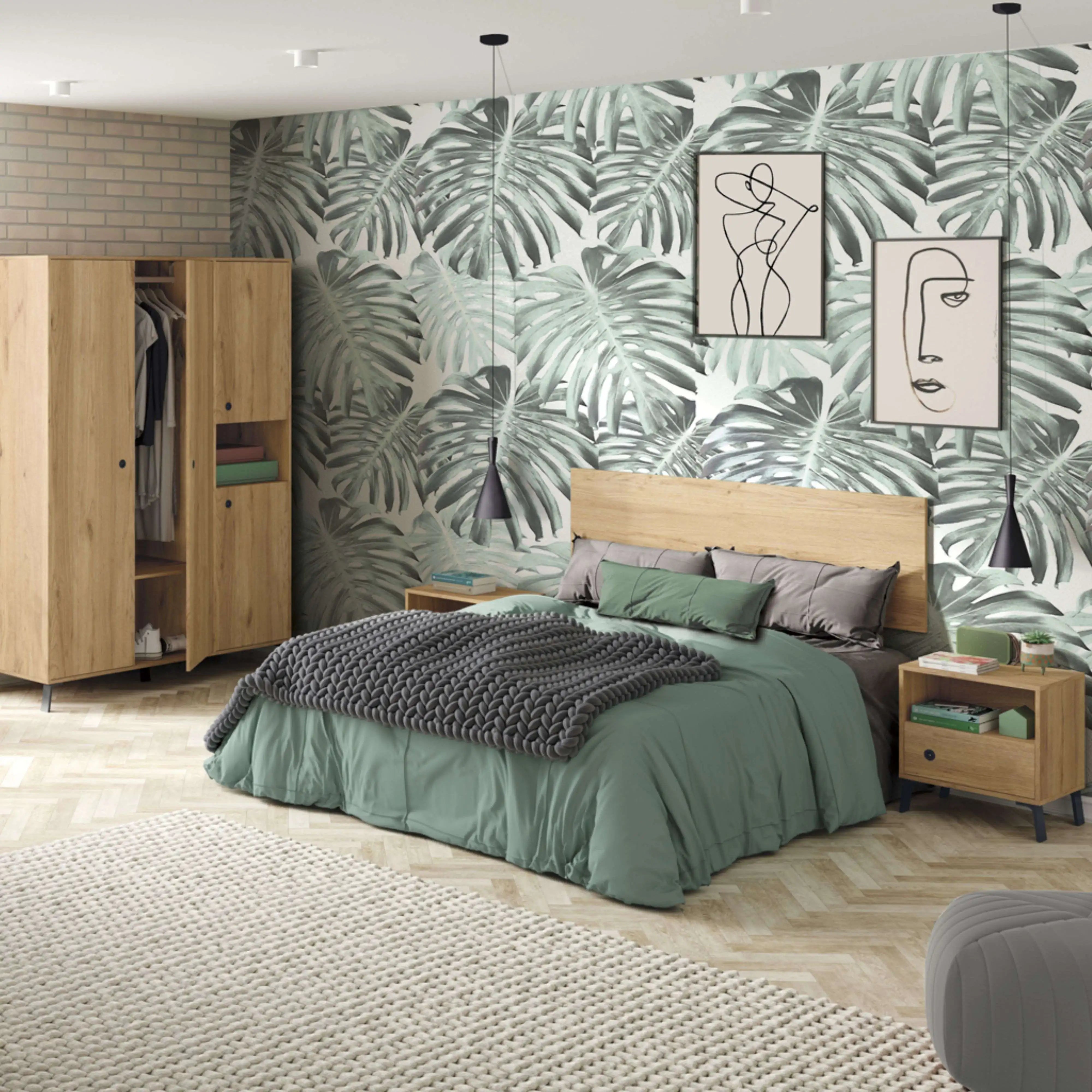 Miroytengo Clim Bed Headboard in Gold Oak Melamine, 160 cm wide, suitable for 135 cm and 150 cm beds, featuring modern industrial design with wall mounting hardware included.