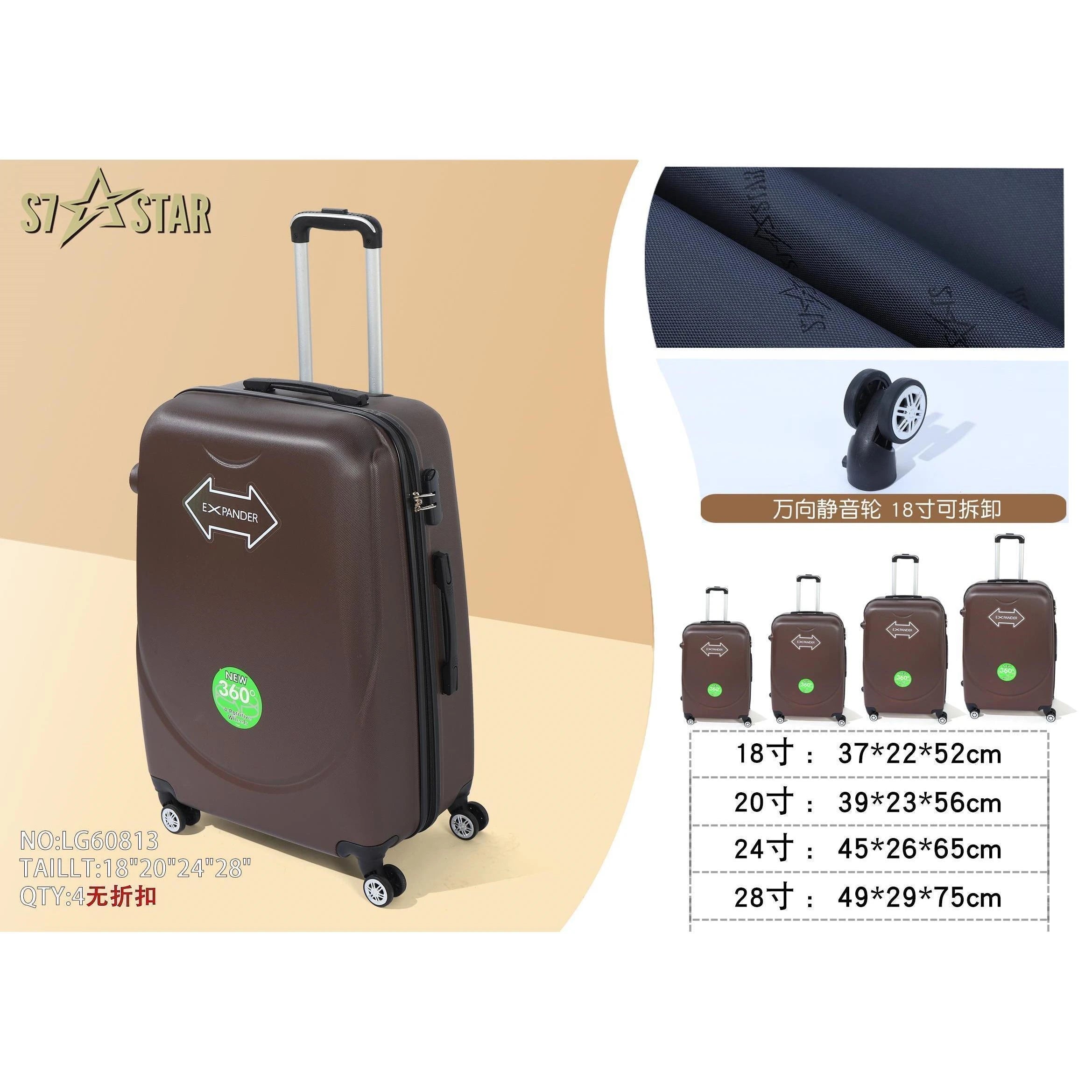 S7 STAR ABS luggage set with 4 pieces of suitcases in sizes 18/20/24/28 inches featuring 360° silent wheels, durable ABS material, and organized interior compartments for business and travel.