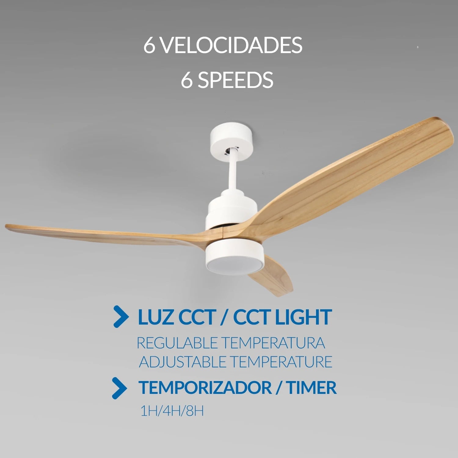 OstarkDom Ceiling Fan with Light 132cm, remote control, silent DC motor with 6 speeds, CCT dimmable LED light, timer function, modern aluminum and wood design, ideal for living rooms and bedrooms.