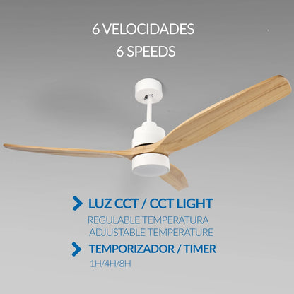 OstarkDom Ceiling Fan with Light 132cm, remote control, silent DC motor with 6 speeds, CCT dimmable LED light, timer function, modern aluminum and wood design, ideal for living rooms and bedrooms.