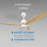 OstarkDom Ceiling Fan with Light 132cm, remote control, silent DC motor with 6 speeds, CCT dimmable LED light, timer function, modern aluminum and wood design, ideal for living rooms and bedrooms.