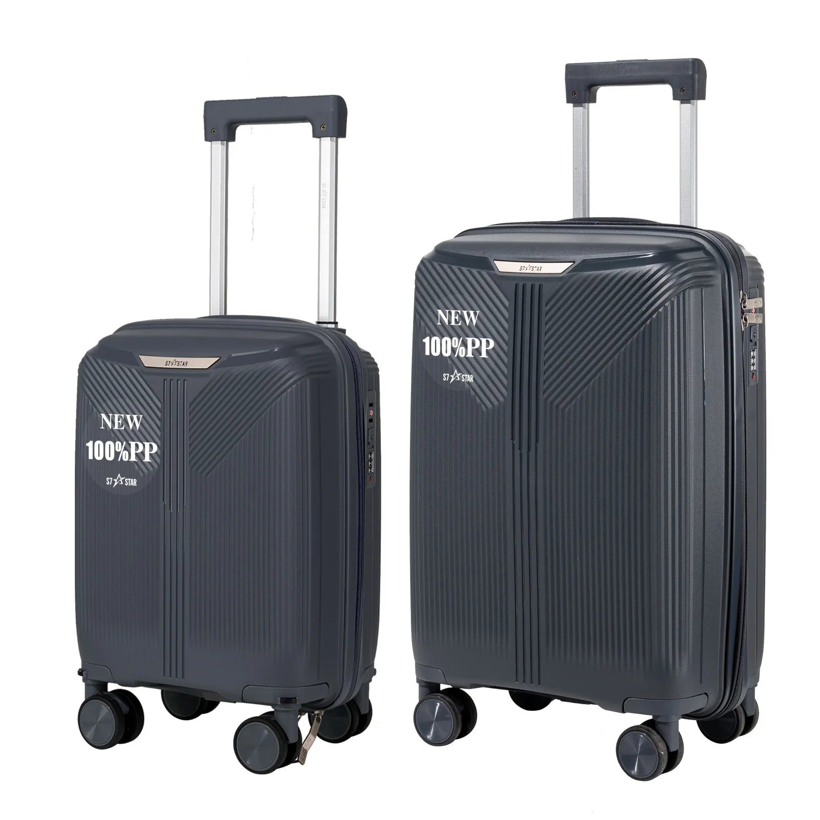 S7 STAR 2-piece suitcase set with lightweight polypropylene, featuring silent spinner wheels, 3-height lockable handle, combination locks, and a toiletry bag, ideal for travel and available in large, medium, and cabin sizes.
