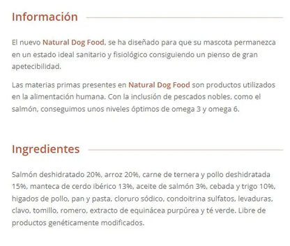 Natural Dog Food Salmon & Rice, 15 kg, high protein dry food for all ages, made with fish for balanced nutrition and immune support, perfect for your dog's health and wellness.