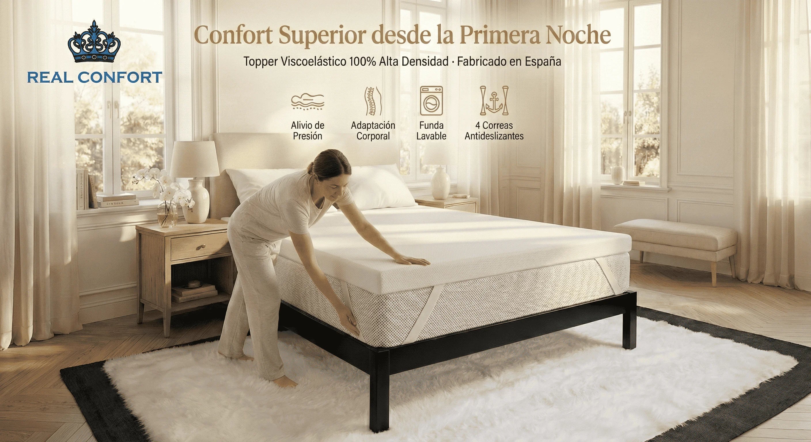 REAL CONFORT Topper 100% Authentic High Density Viscoelastic Mattress, breathable and washable cover, anti-allergic, designed for maximum comfort and stability with non-slip straps, made in Spain for better sleep quality.
