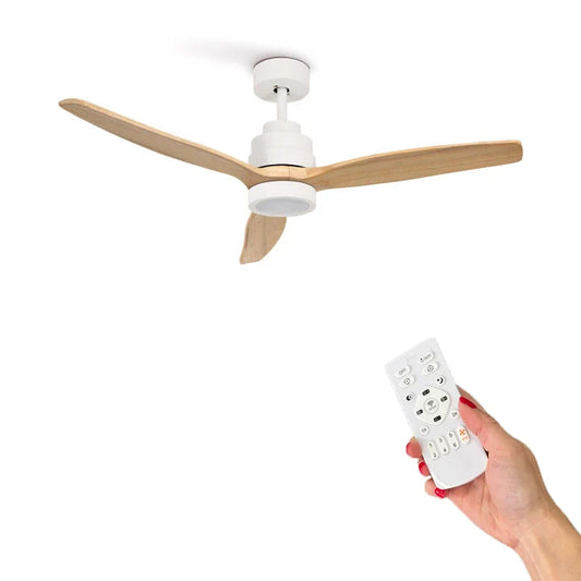 OstarkDom Ceiling Fan with Light 132cm, remote control, silent DC motor with 6 speeds, CCT dimmable LED light, timer function, modern aluminum and wood design, ideal for living rooms and bedrooms.