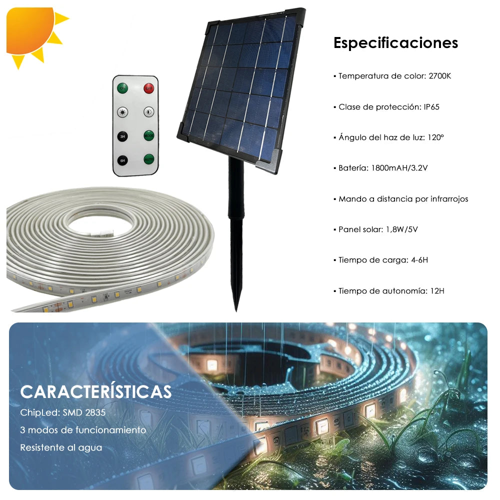 Dimmable outdoor solar strip light, 3.2v, flexible, ip65 waterproof, led lights with remote control and pick for garden, warm light 2700k