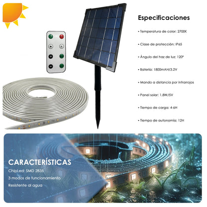 Dimmable outdoor solar strip light, 3.2v, flexible, ip65 waterproof, led lights with remote control and pick for garden, warm light 2700k